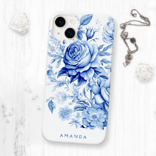 Beautiful Blue/White Personalized Roses iPhone 14 Plus Case