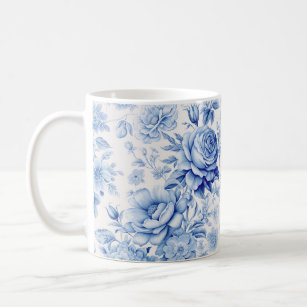 Blue and White China Travel Coffee Mug Insulated Hand Painted Porcelain  Roses