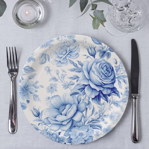 Beautiful Blue  White Roses  Wildflowers Paper Plates