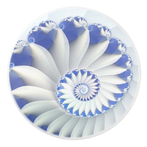 Beautiful Blue  White Sea Shell Fine Fractal Art Ceramic Knob