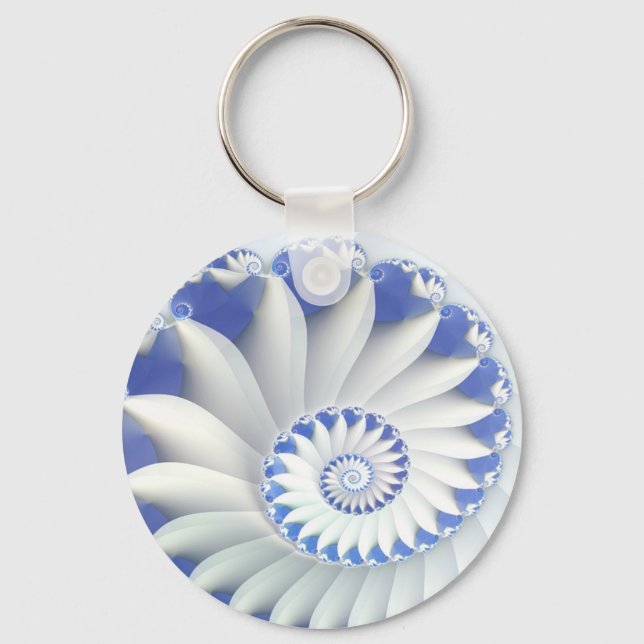 Beautiful Blue & White Sea Shell Fine Fractal Art Keychain (Front)
