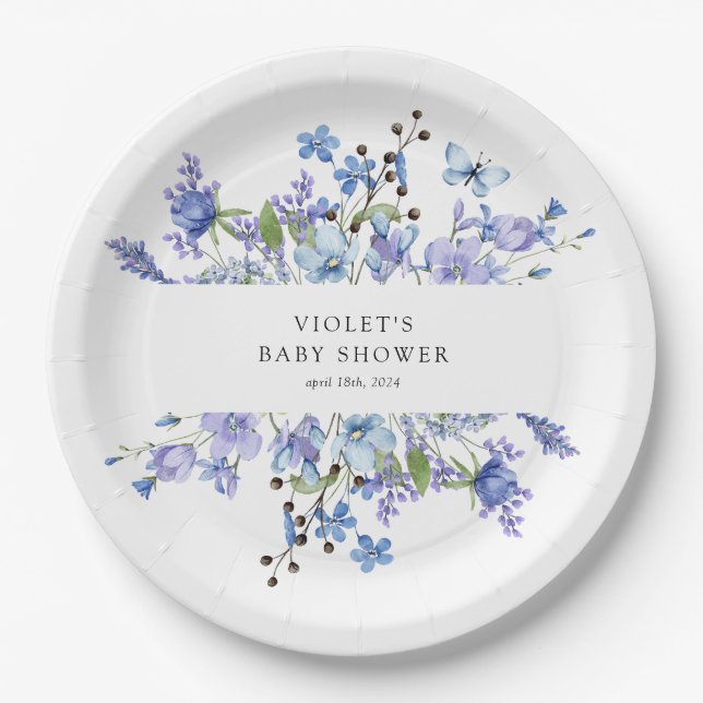 Beautiful Blue Wildflower Baby Shower Paper Plates (Front)