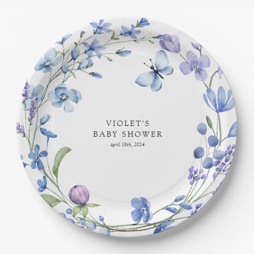 Beautiful Blue Wildflower Wreath Baby Shower Paper Plates