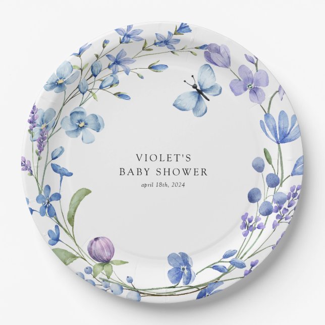 Beautiful Blue Wildflower Wreath Baby Shower Paper Plates (Front)