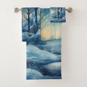 Beautiful Blue Winter Woods Scene Bath Towel Set