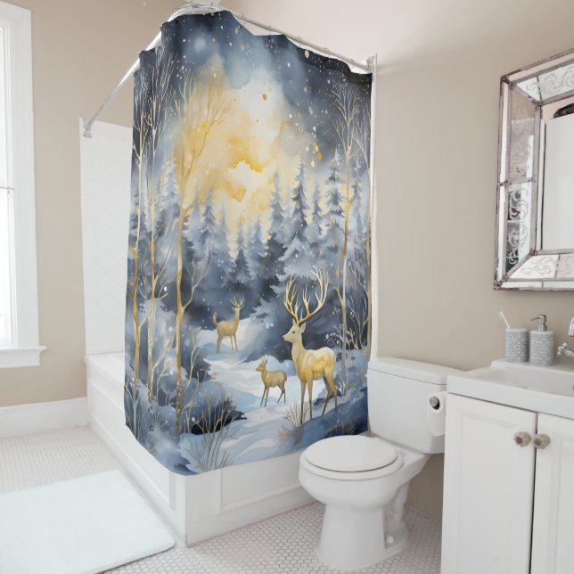 Beautiful Blue Winter Woods Wildlife Scene Shower Curtain (In Situ)