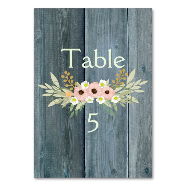 Beautiful blue wood floral table number (Front)