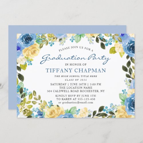 Beautiful Blue Yellow Floral Graduation Party Invitation