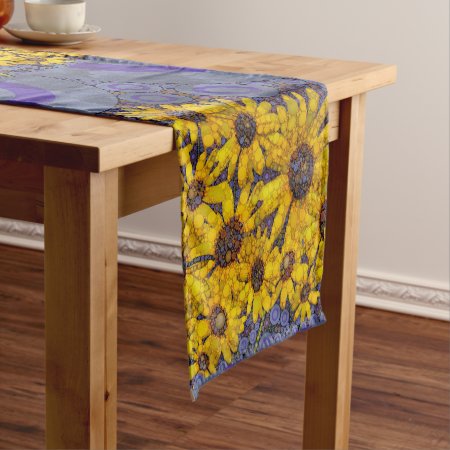 Beautiful Blue Yellow Sunflowers Abstract Short Table Runner