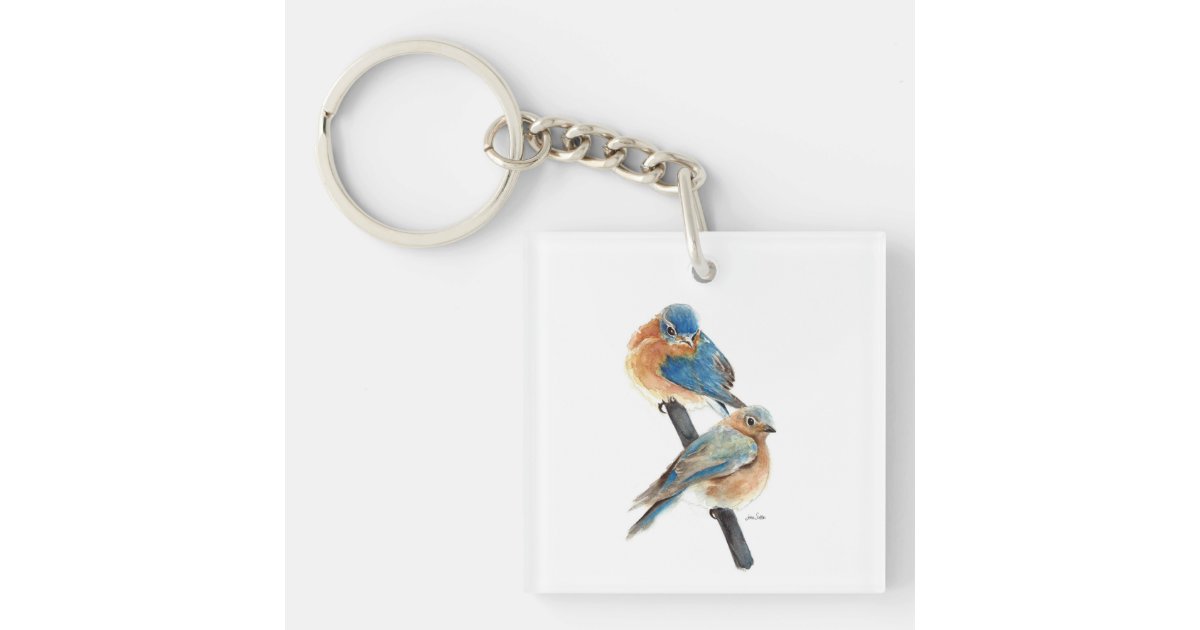 Beautiful Bluebird Couple Watercolor Art Keychain | Zazzle