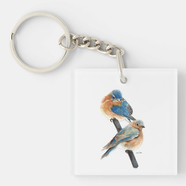 Beautiful Bluebird Couple Watercolor Art Keychain (Front)