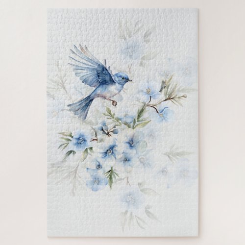 Beautiful Bluebird Landing on Blue Blossoms Jigsaw Puzzle