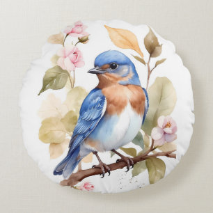 Beautiful Bluebird Watercolor Painting Round Pillow