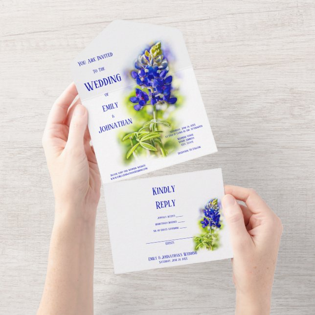 Beautiful Bluebonnet Floral, Modern Wedding All In One Invitation (Tearaway)
