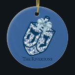 Beautiful Blues Hanukkah Dreidel Ornament<br><div class="desc">Beautiful blues Chinoiserie designed Dreidel Ceramic Ornament with two-sided printing and name personalization! 
Dimensions:
Diameter: 2.87"
Thickness: 0.156"
Weight: 1.4 oz.
Made of white porcelain
Full-color,  full-bleed printing
Printing on both sides
Thread does not come attached/tied</div>