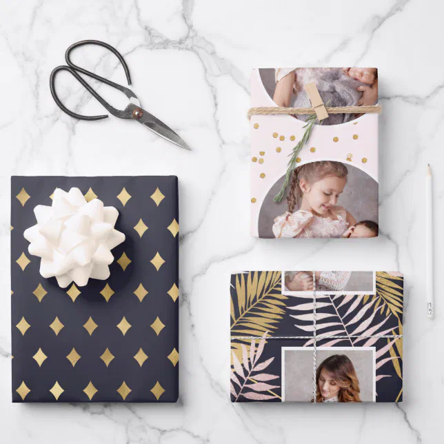 Beautiful Blush and Blue Photo Holiday Wrapping Paper Sheets (Front)