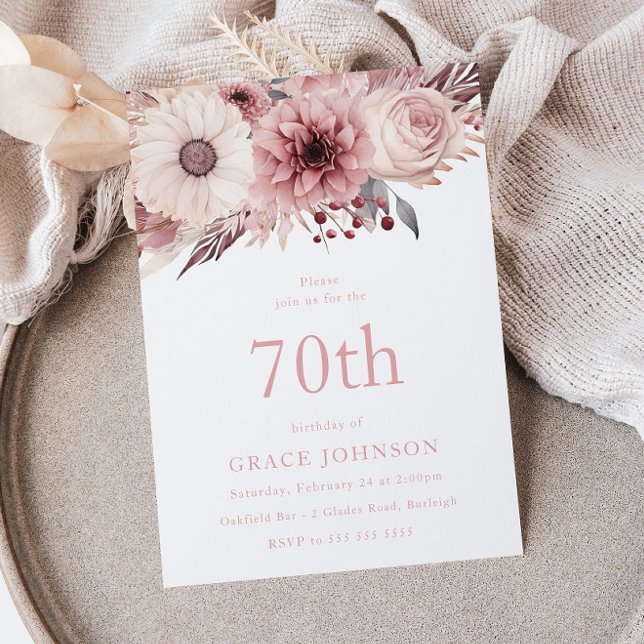 Beautiful Blush Boho Floral 70th Birthday Party Invitation (Creator Uploaded)