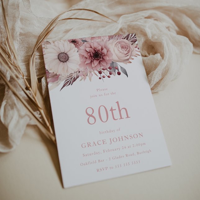 Beautiful Blush Boho Floral 80th Birthday Party Invitation (Creator Uploaded)