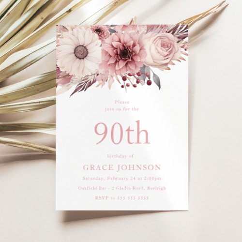 Beautiful Blush Boho Floral 90th Birthday Party Invitation