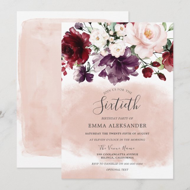 Beautiful Blush & Burgundy Womans 60th Birthday Invitation (Front/Back)
