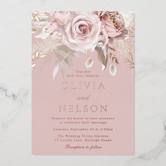 Beautiful Blush Dusty Rose Wedding Rose Gold Foil Invitation (Front)