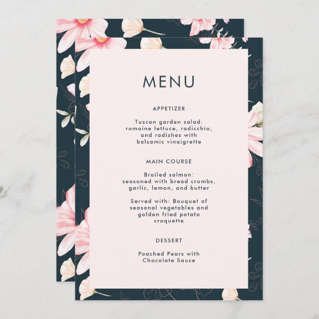 Beautiful Blush Floral Blue Wedding Menu (Front/Back)