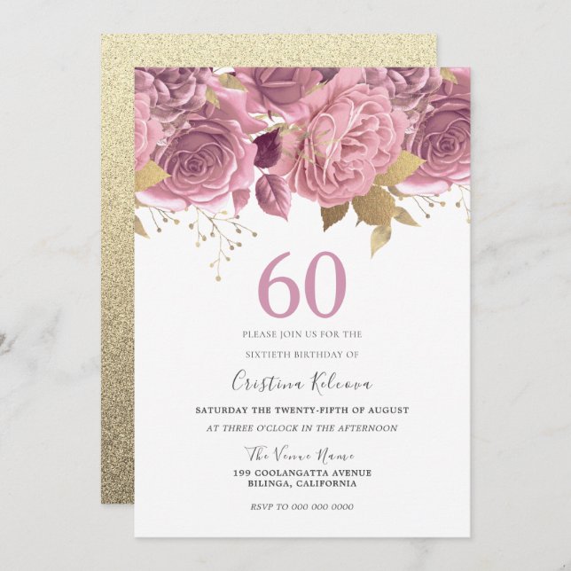 Beautiful Blush Floral & Gold 60th Birthday Party Invitation (Front/Back)