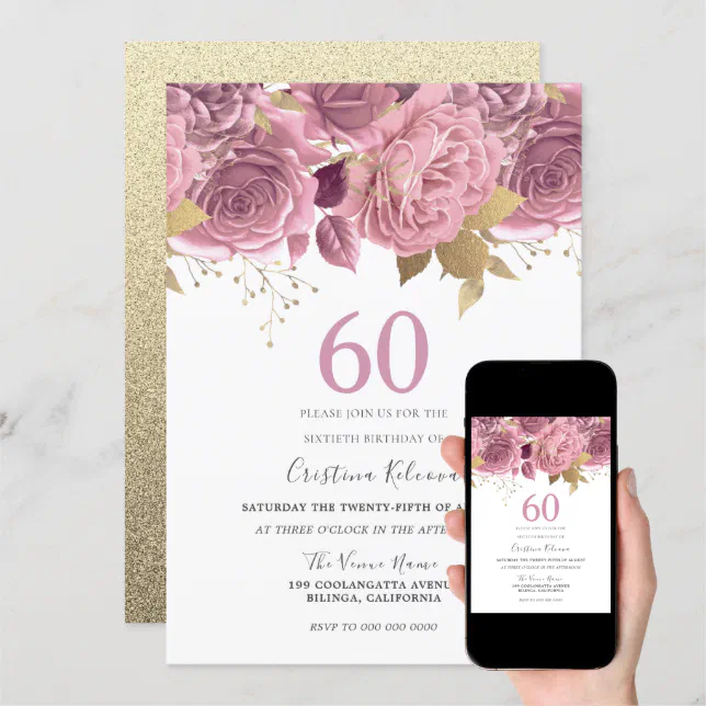 Beautiful Blush Floral & Gold 60th Birthday Party Invitation | Zazzle