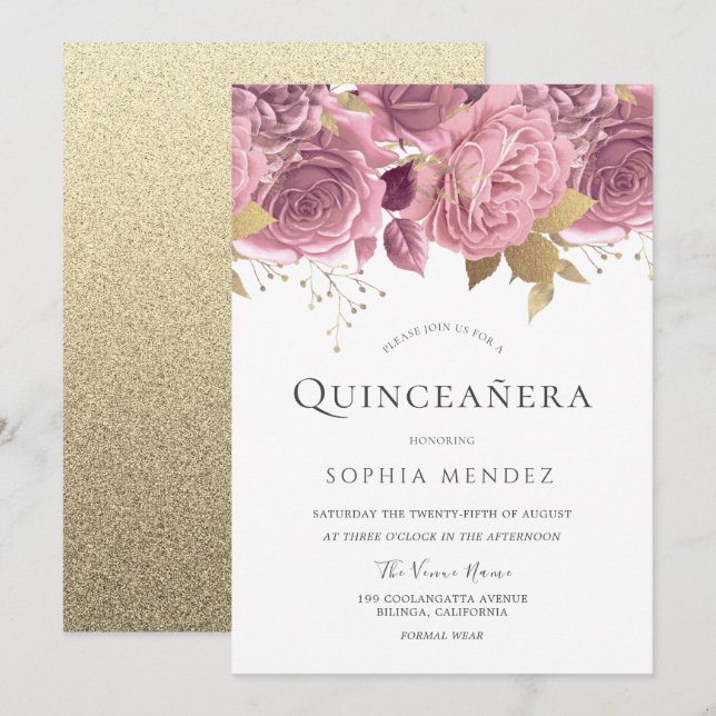 Beautiful Blush Floral & Gold Quinceanera Party Invitation (Front/Back)