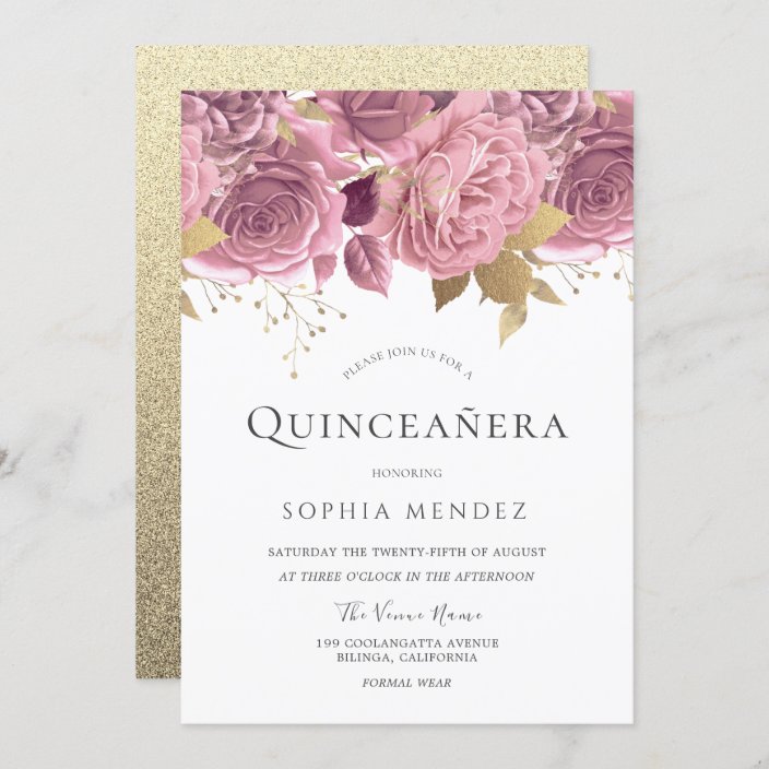 Beautiful Blush Floral & Gold Quinceanera Party Invitation | Zazzle.com