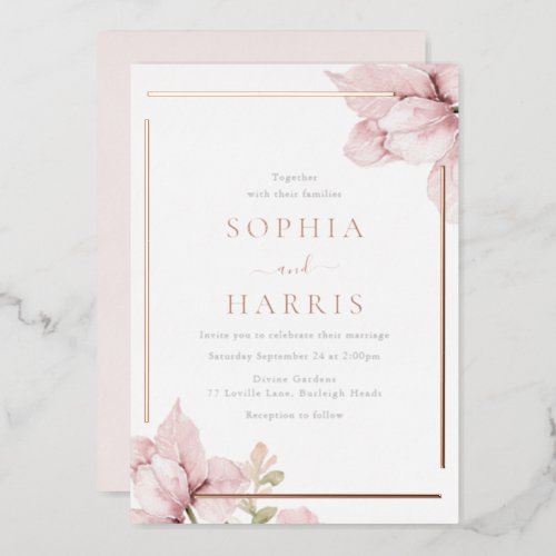 Beautiful Blush Floral Modern Rose Gold Wedding Foil Invitation