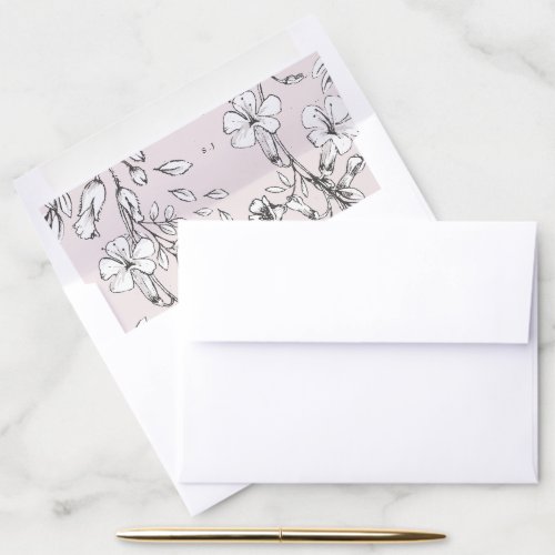 Beautiful Blush Floral Monogram Sketched Wedding Envelope Liner