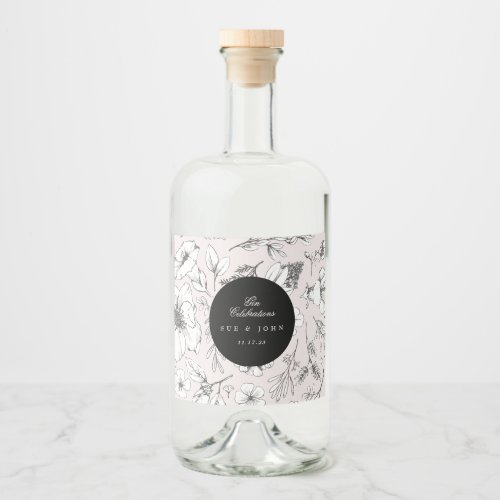 Beautiful Blush Floral Monogram Sketched Wedding Liquor Bottle Label