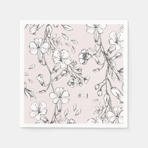 Beautiful Blush Floral Monogram Sketched Wedding Napkins