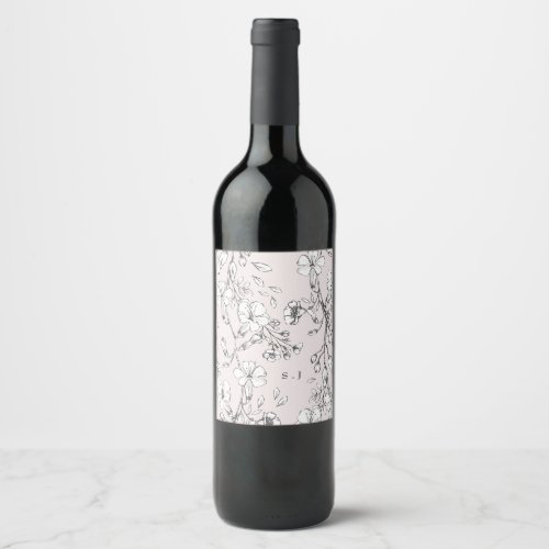 Beautiful Blush Floral Monogram Sketched Wedding Wine Label