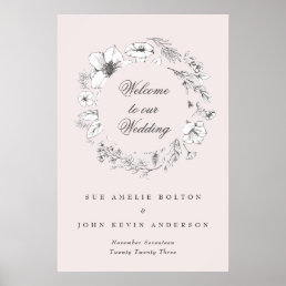 Beautiful Blush Floral Monogram Sketched Welcome Poster