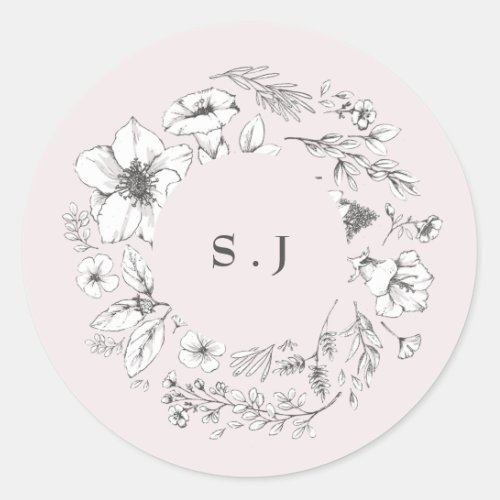 Beautiful Blush Floral Monogram Sketched Wreath Classic Round Sticker