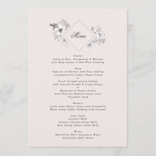 Beautiful Blush Floral Monogram Sketched Wreath Menu