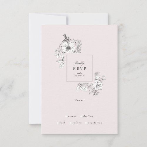 Beautiful Blush Floral Monogram Sketched Wreath RSVP Card