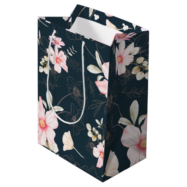 Beautiful Blush Floral Pattern Blue Medium Gift Bag (Back Angled)