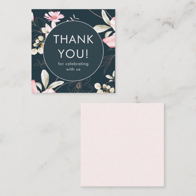 Beautiful Blush Floral Pattern Blue Thank You Note Card (Front/Back)
