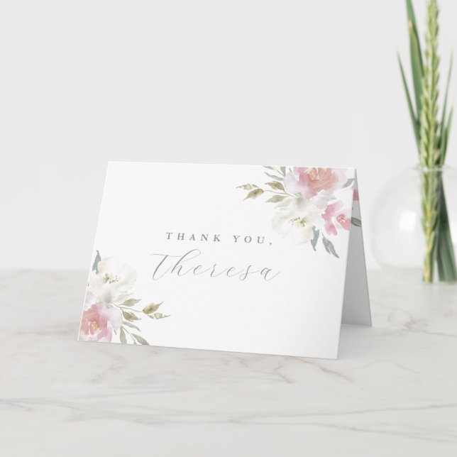 Beautiful Blush Floral Quinceanera Thank You Card (Front)
