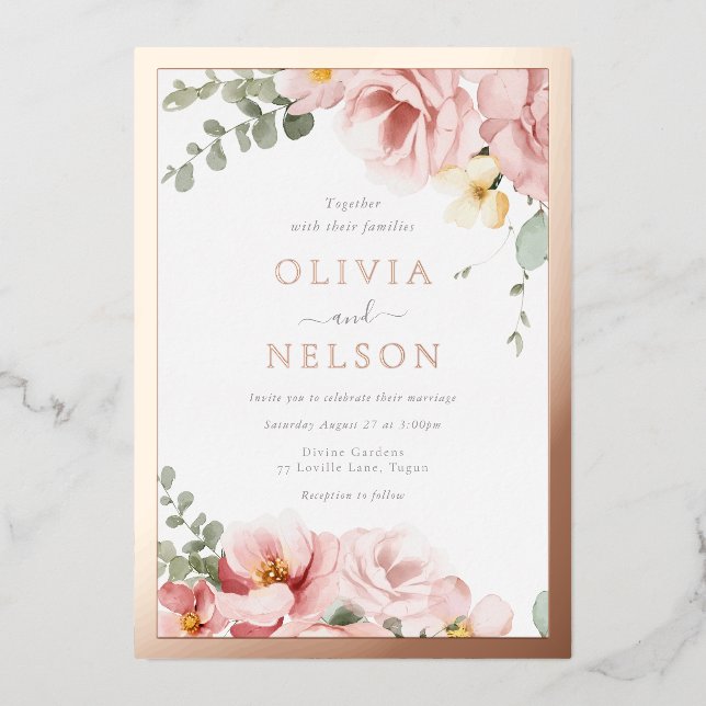 Beautiful Blush Floral Wedding Dusty Rose Gold Foil Invitation (Front)