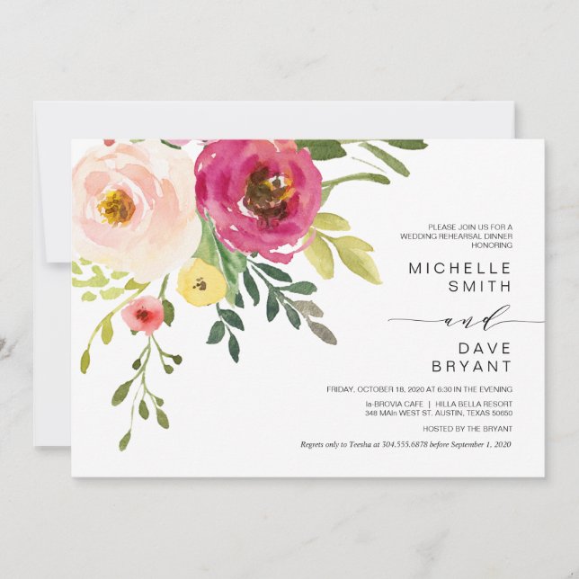 Beautiful Blush Floral, Wedding Rehearsal Dinner Invitation (Front)