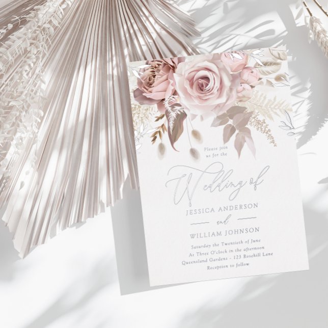 Beautiful Blush Floral Wedding Silver Foil Invitation (Creator Uploaded)