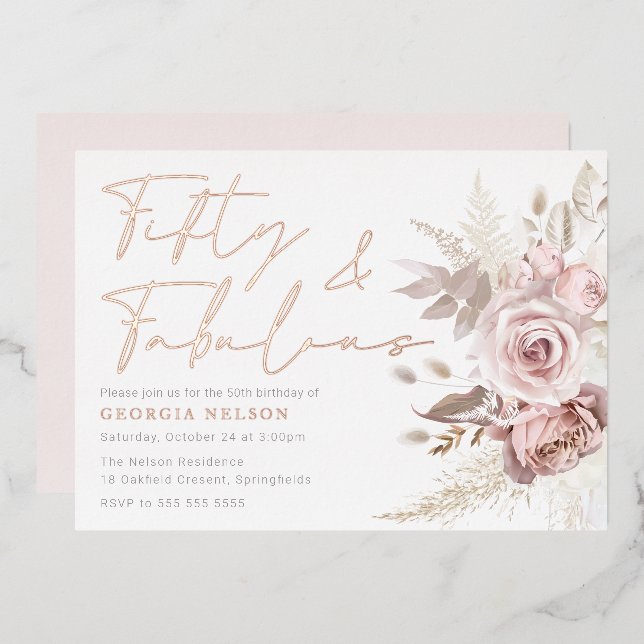  Beautiful Blush Flowers 50th Birthday Rose Gold Foil Invitation (Front/Back)
