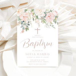Beautiful Blush Flowers Baby Girls Baptism Invitation
