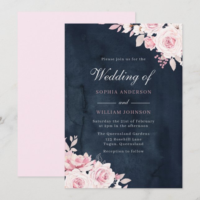 Beautiful Blush Flowers & Navy Watercolor Wedding Invitation (Front/Back)