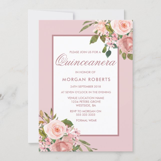Beautiful Blush Flowers Quinceanera Party Invite (Front)
