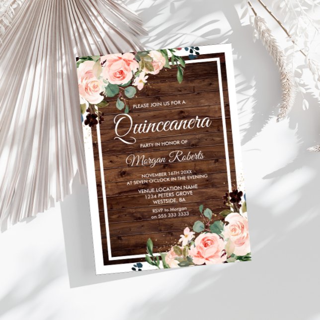 Beautiful Blush Flowers & Rustic Wood Quinceanera Invitation (Creator Uploaded)